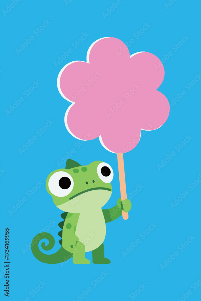 Fototapeta premium Green chameleon or lizard character with a serious expression, holding a large pink cotton candy on a stick, drawn in a charming flat vector style on a blue background.