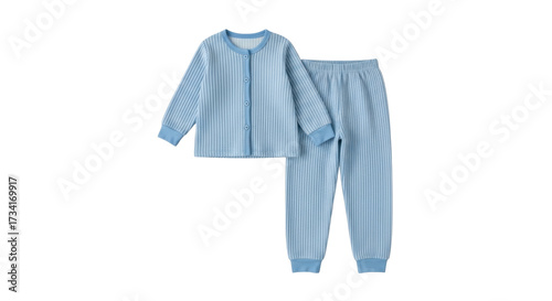 Photos Isolated light blue knitted ribbed button-down shirt and pants pajamas for kids