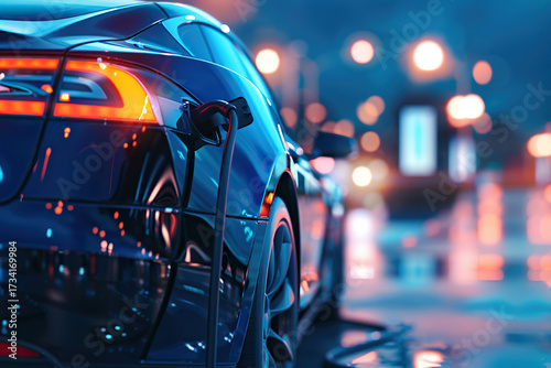 Power source for charging battery of beautiful hybrid electric car on road, abstract vivid composition consists of fictional unreal fantastic vision on background