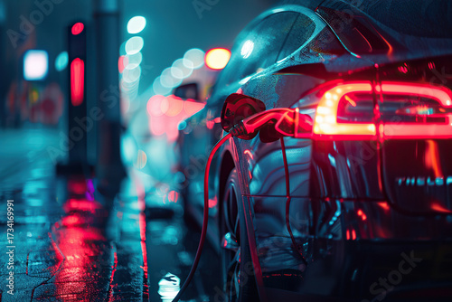 Power source for charging battery of beautiful hybrid electric car on road, abstract vivid composition consists of fictional unreal fantastic vision on background