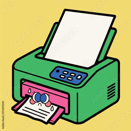 Crying green and pink printer character processing a paper with tears, illustrating frustration with technology, drawn in a colorful cartoon doodle style.