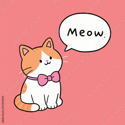Adorable cartoon cat character wearing a pink bow tie and a speech bubble with the word "Meow" on a bright pink background, drawn in a simple, cute doodle style.
