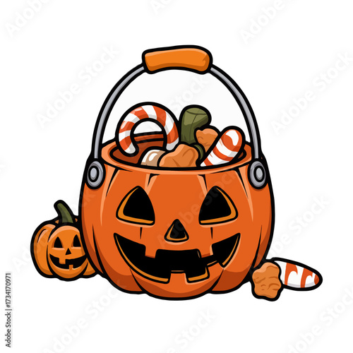 Jack o lantern candy bucket filled with halloween treats isolated on white background