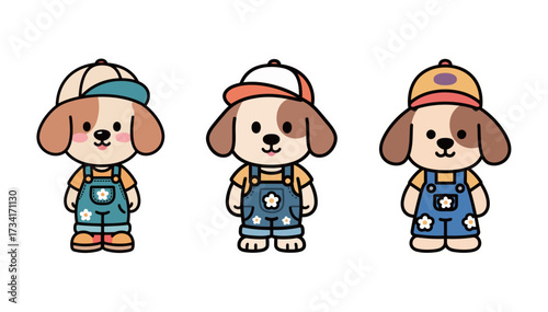 Set of three adorable cartoon puppy characters wearing blue denim overalls and baseball caps, illustrated in a cute, simple doodle paper doll style for children's design.