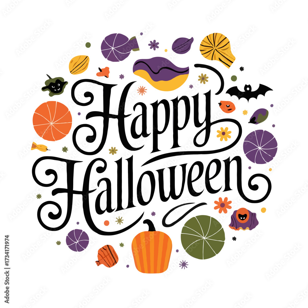 Naklejka premium Happy halloween festive lettering with spooky elements isolated on white background