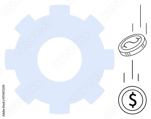 Gear shape beside falling coins emphasizes cost efficiency, financial optimization, monetary systems, mechanical precision, business processes, investment flow, and teamwork. Ideal for economics