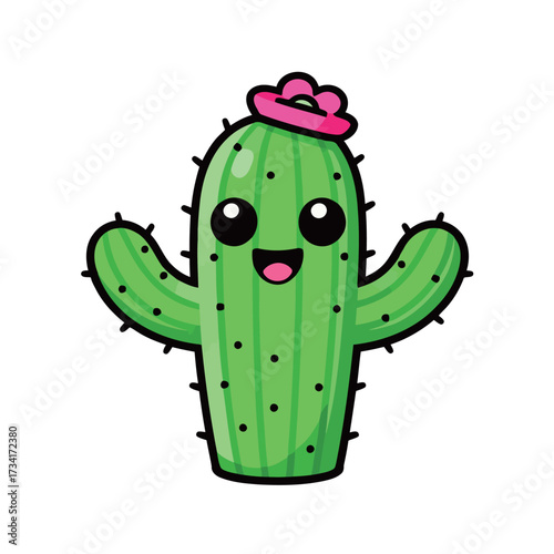 Cute happy smiling green cactus mascot character with a pink flower cartoon vector illustration isolated on white background for nature and plant concepts