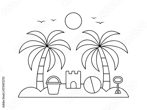 Black and White Beach Scene Line Art with Palms and Sand Toys