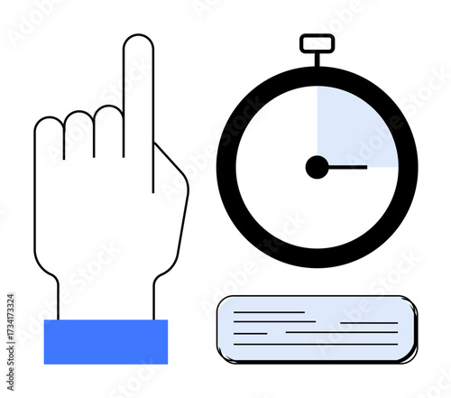 Hand pointing up, stopwatch showing partial time, book-shaped document. Ideal for time management, focus, priorities, productivity, deadlines learning organization. Simple flat metaphor