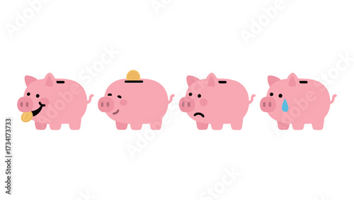 Set of four cute sad and happy piggy bank characters with coin money cartoon vector illustration isolated on white background for finance and saving concepts