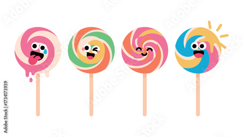 Set of four cute colorful swirl lollipop candy characters showing different emotions, melting, winking, and excited cartoon vector illustration isolated on white background for dessert designs