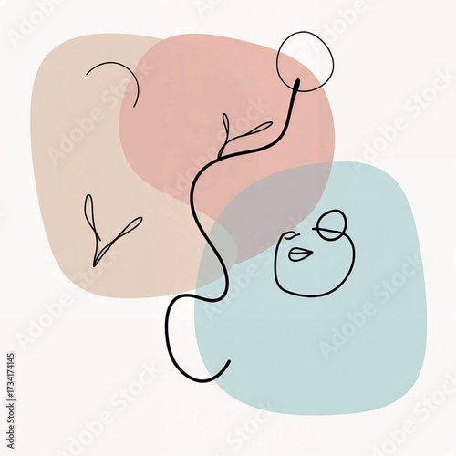 Abstract minimalist line art with pastel color blobs and organic shapes, evoking a sense of calm and modern design