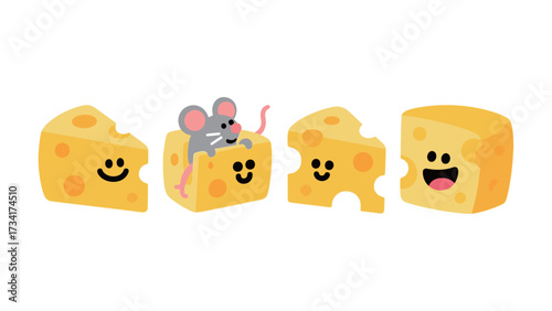 Set of four cute cheese wedge characters with holes, one hiding a small mouse, cartoon vector illustration isolated on white background for food and animal designs