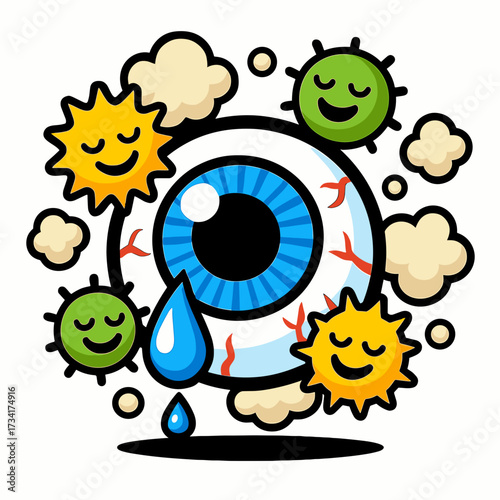 Cartoon red teary eye surrounded by pollen, dust, and bacteria representing allergy, irritation, and seasonal eye discomfort on white background
