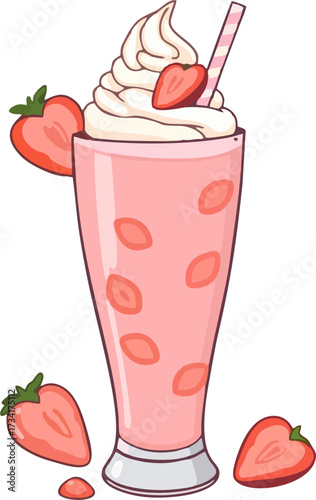 Strawberry Smoothie with Whipped Cream in Tall Glass – Cute Vector Drink Illustration with Strawberries