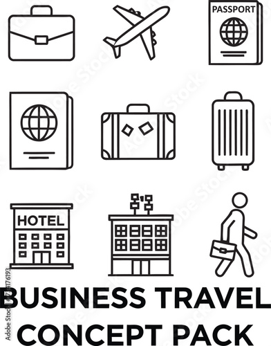 Business travel concept pack icons for travel and accommodation