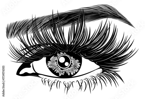 Illustration with woman's eye, eyelashes and eyebrow. Makeup Look. Tattoo design. Logo for brow bar or lash salon.
