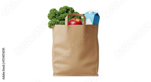 Isolated shopping bag with produce. Apple, kale and milk carton in brown paper bag.