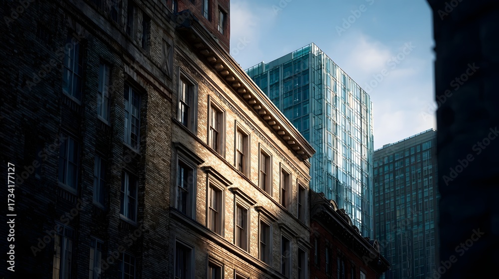 Fototapeta premium Urban street scene with sunlit old brick buildings adjacent to modern glass skyscrapers