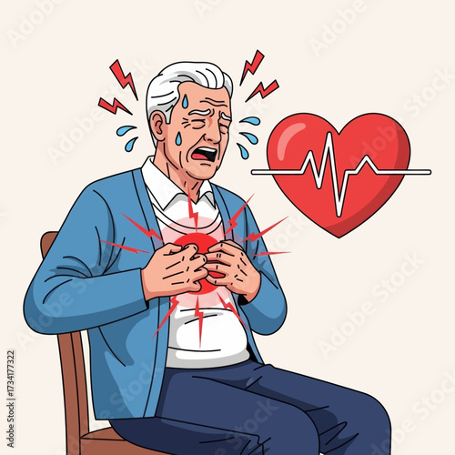 An elderly man suffering from a heart attack, clutching his chest in pain with a heartbeat icon nearby.