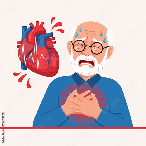 An elderly man experiencing chest pain and distress, clutching his chest with a visible representation of a heart with a heartbeat line next to him.