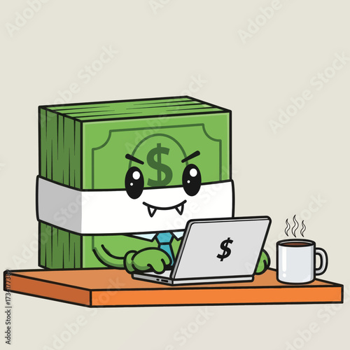 Cartoon money stack character working on laptop with coffee mug.