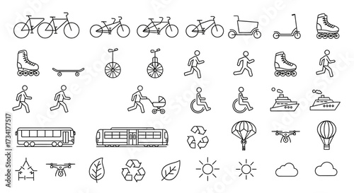 A Collection of Hand Drawn Icons Representing Various Modes of Transportation and Sustainable Lifestyle Elements