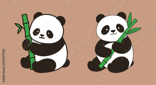 Two adorable cartoon pandas sitting and happily holding bamboo stalks, illustrated in a simple, flat design style on a brown background.