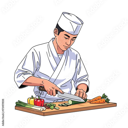 Vector illustration of a japanese chef in a white uniform meticulously slicing vegetables on a wooden cutting board with a sharp knife