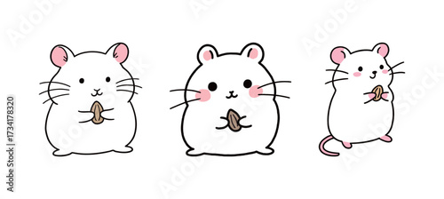 Set of three adorable cartoon hamster or mouse characters with cute faces and whiskers, holding seeds, on a clean white background.