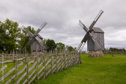 Traditional wooden windmills on Saaremaa island, Estonia.