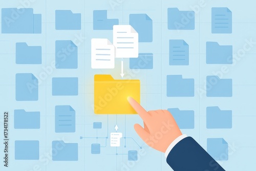 This graphic showcases a digital data transfer concept, with a hand touching a bright yellow folder icon to denote file transfer or information access in a clean, modern design.