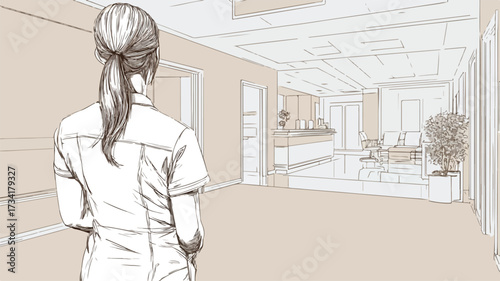 Professional Rear View Nurse Waiting Room Entrance