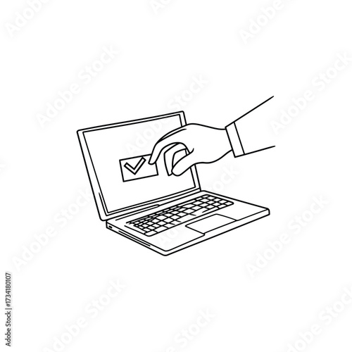 Hand holding a stamp with a checkmark approving a digital document on a laptop screen
