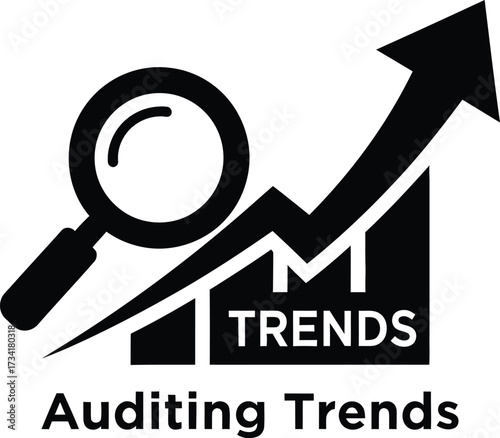 Magnifying glass over upward trend graph for auditing