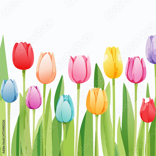 A watercolor illustration of spring tulips with long green stems and colorful blossoms isolated on a clean white background.