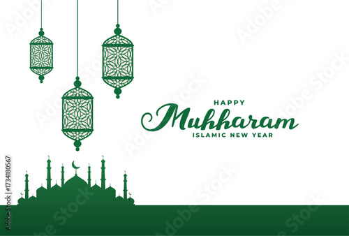 Islamic New Year Greeting Card with Hanging Lanterns and Mosque Design