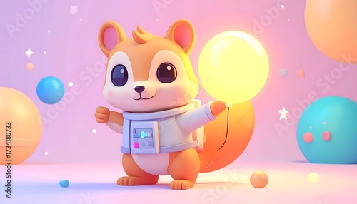 Cute 3D Cartoon Cat Character Holding Balloon in Pastel Fantasy Scene