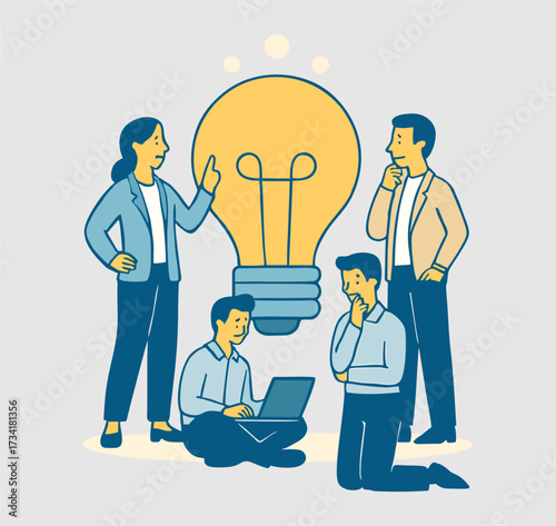Business idea vector illustration: big light bulb with little people around it. b1.eps