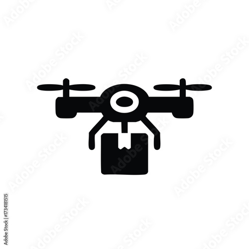 Silhouette of a drone carrying a package, flying in a clear sky with minimal distractions