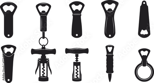 Silhouette bottle openers, corkscrews, wine tools, beer opener collection, kitchen gadgets, bar accessories, wall mounted, handheld, multifunctional designs
