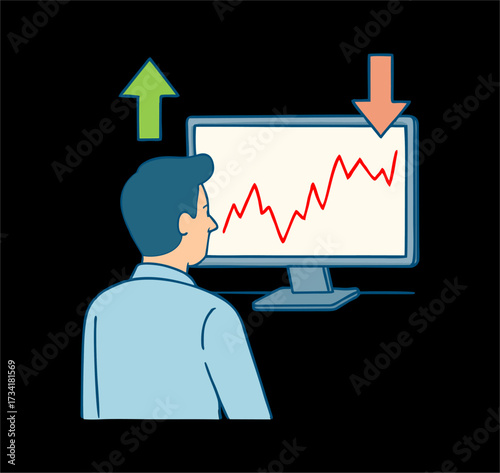 Stock investment vector illustration: up and down graph, person looking at monitor screen, green and red trend arrows. b3.eps