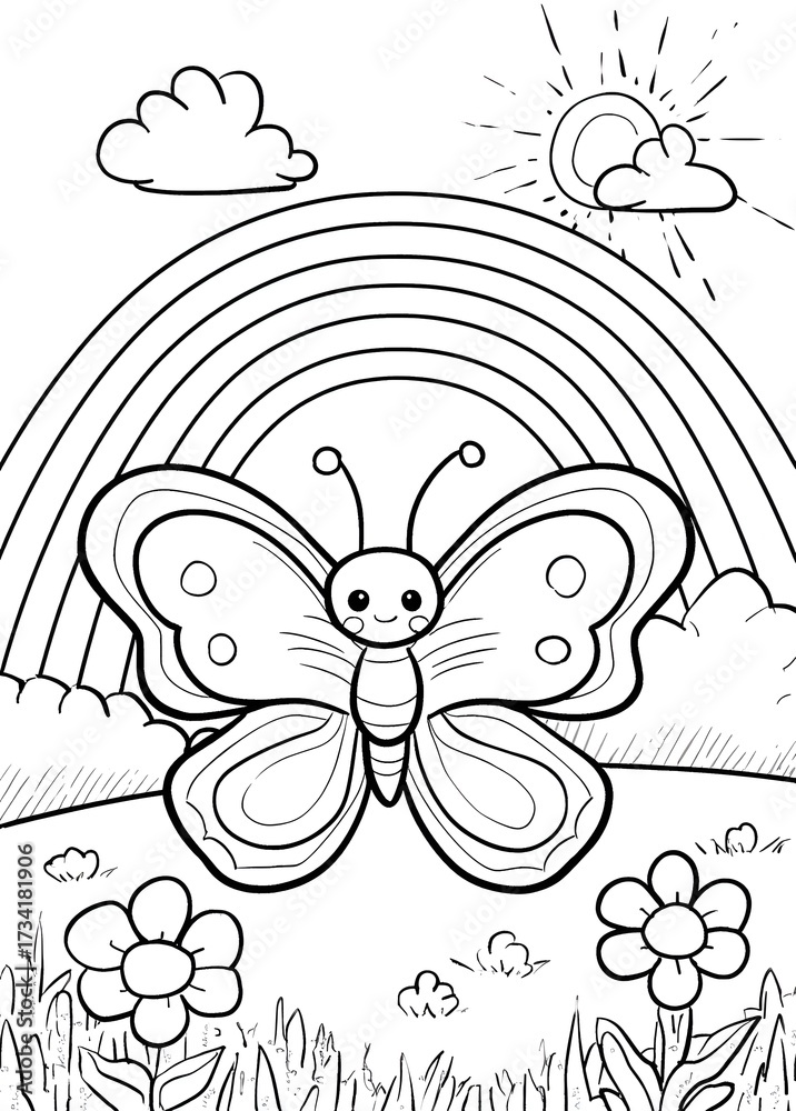 Fototapeta premium Butterfly with flower and rainbow coloring page