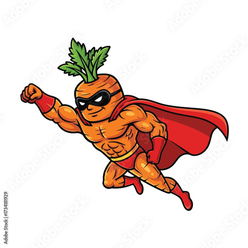 Vector illustration of cartoon superhero carrot flying with a red cape and mask