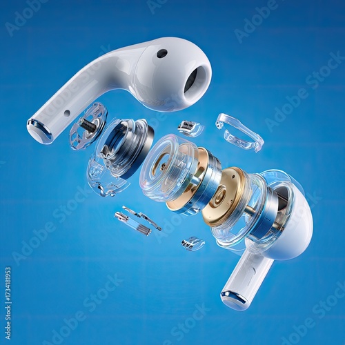 Earbuds Exploded View on Blue Gradient for Technology, Repair, Advertising Use