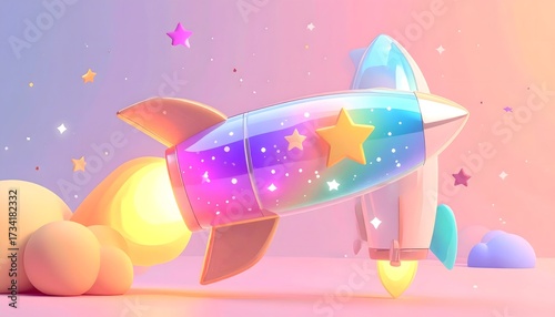 Pastel Space Rocket Cartoon Illustration with Stars and Clouds, Cute Fantasy Background