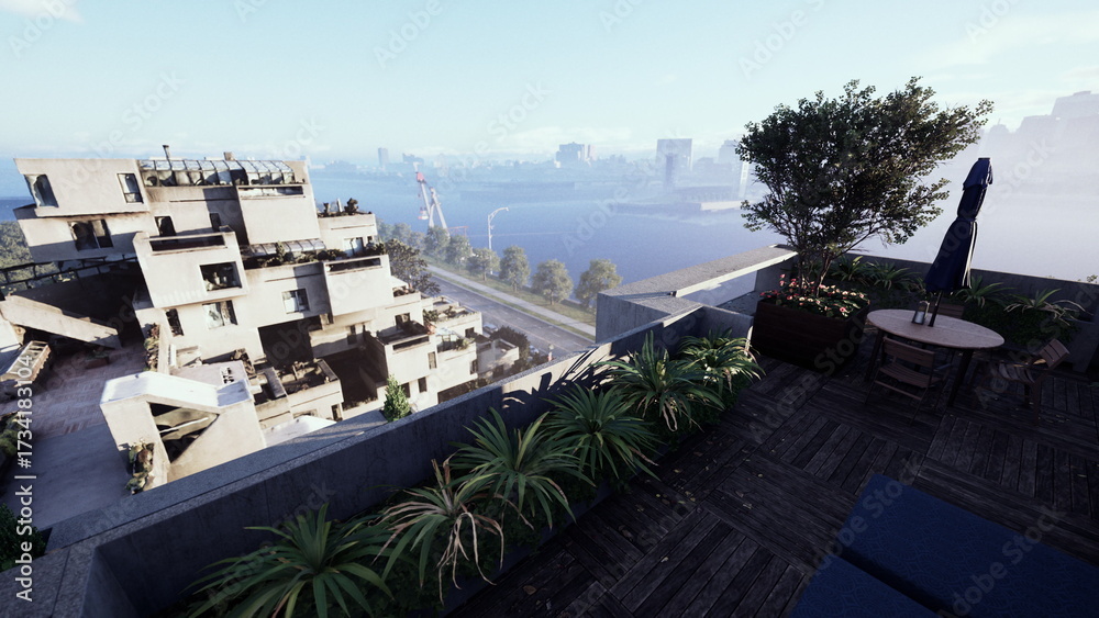 Fototapeta premium sweeping view of a city from the vantage point of a rooftop.