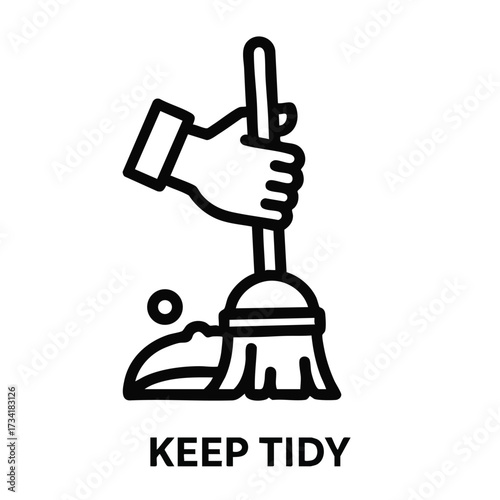Hand holding a broom sweeping the floor with a message to keep the environment clean and tidy
