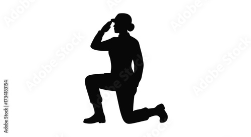 A kneeling figure salutes with respect and honor a striking silhouette