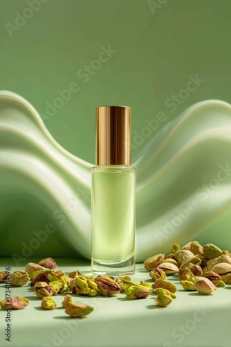 Green cosmetic bottle, pistachios